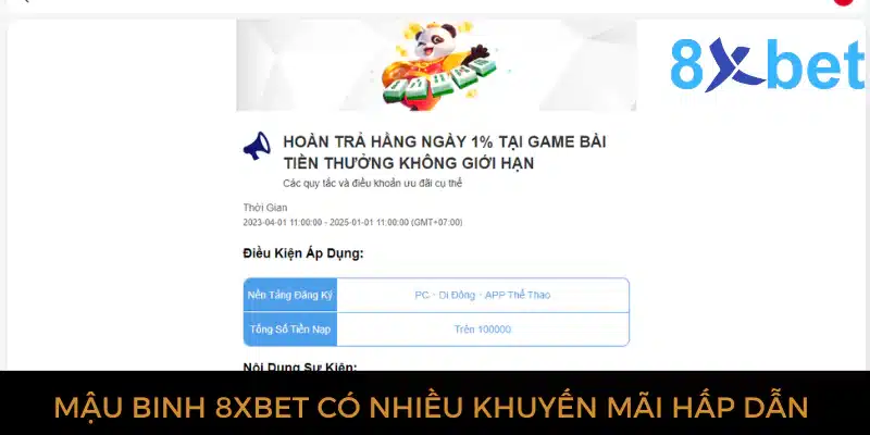 Mậu binh 8xbet: Sòng bài trực tuyến uy tín, thưởng lớn 3 Mậu binh 8xbet có nhiều khuyến mãi hấp dẫn người chơi